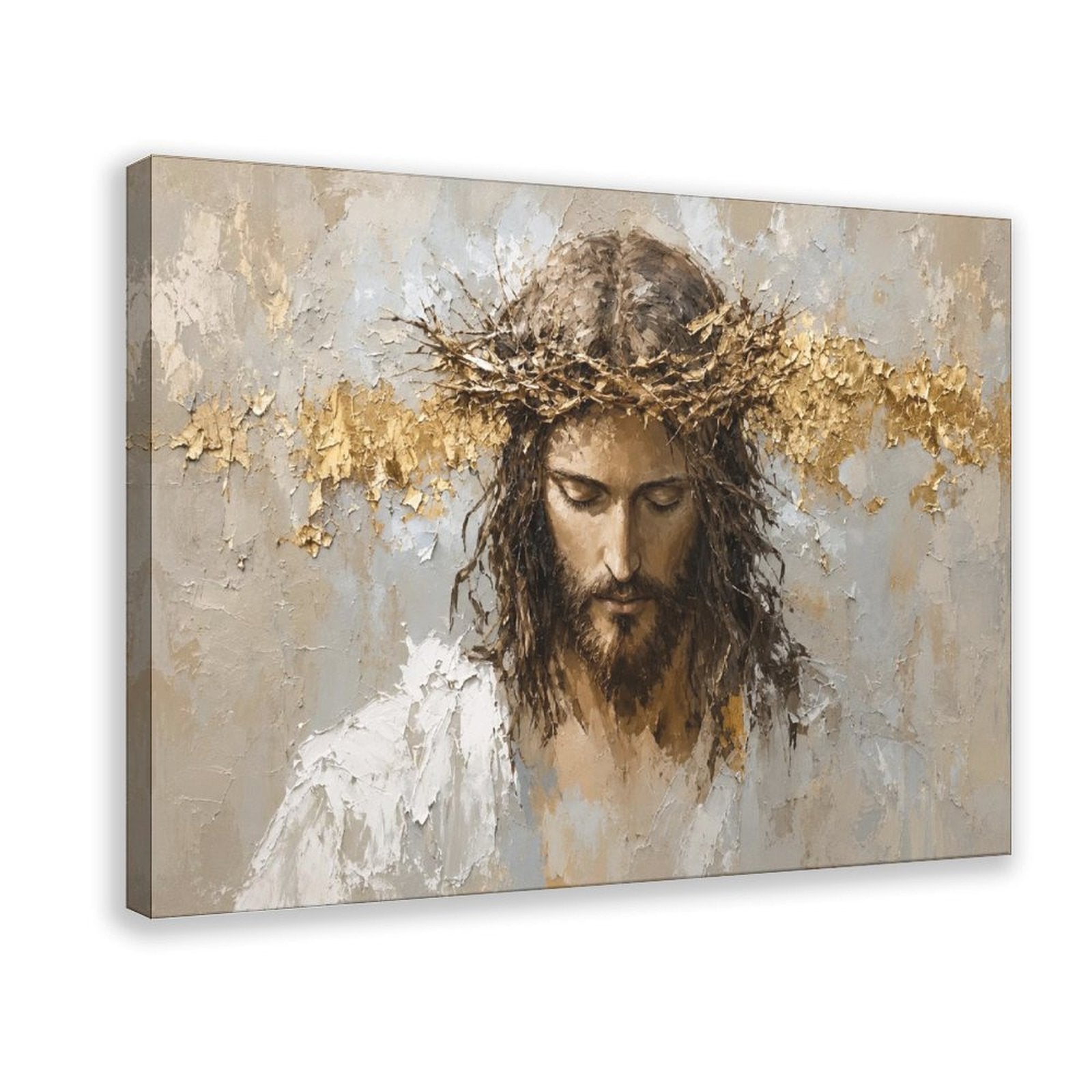 sorrowful sacred figure wearing a crown of thorns in white, taupe, charcoal tones — Wrapped Canvas HERO