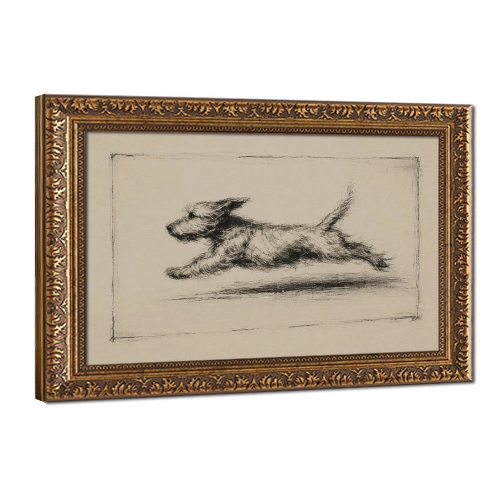 Charcoal sketch of a shaggy dog running across a warm cream background — Vintage Gold Frame HERO