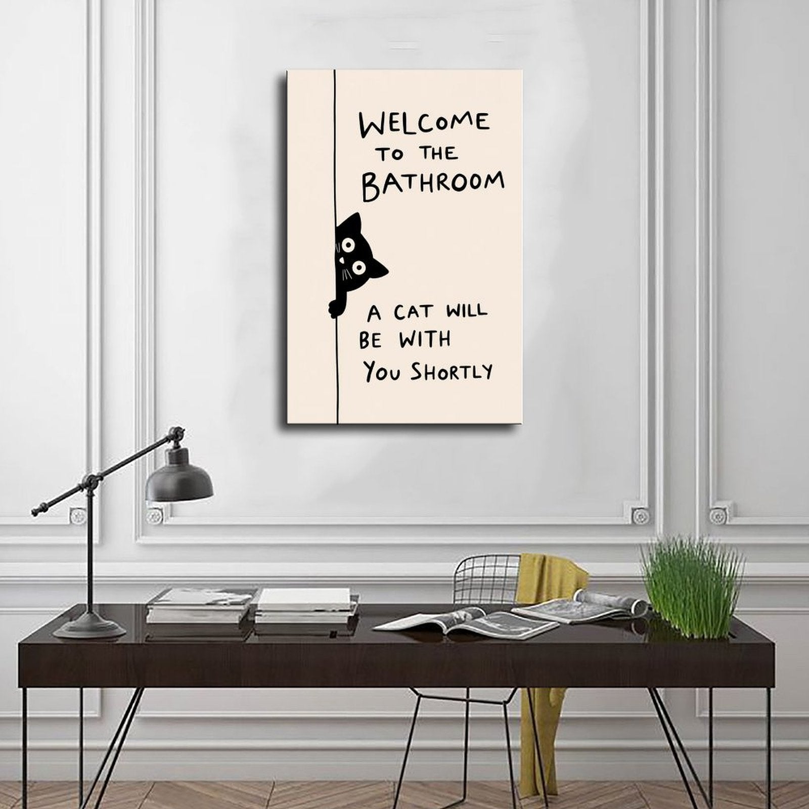 black cat peeking beside bathroom typography in black, cream tones — Wrapped Canvas SCENE_01