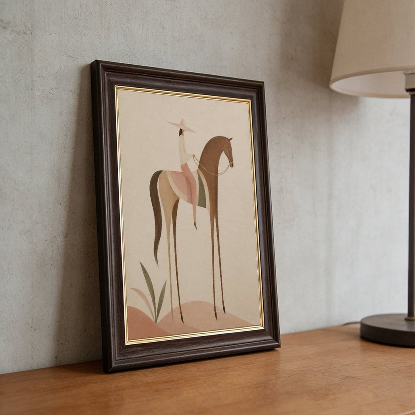 Soft Blush Long Horse canvas wall art featuring a graceful long-limbed horse in soft blush pink, warm beige, muted cream tones, displayed in the Wood Grain Gold Frame style