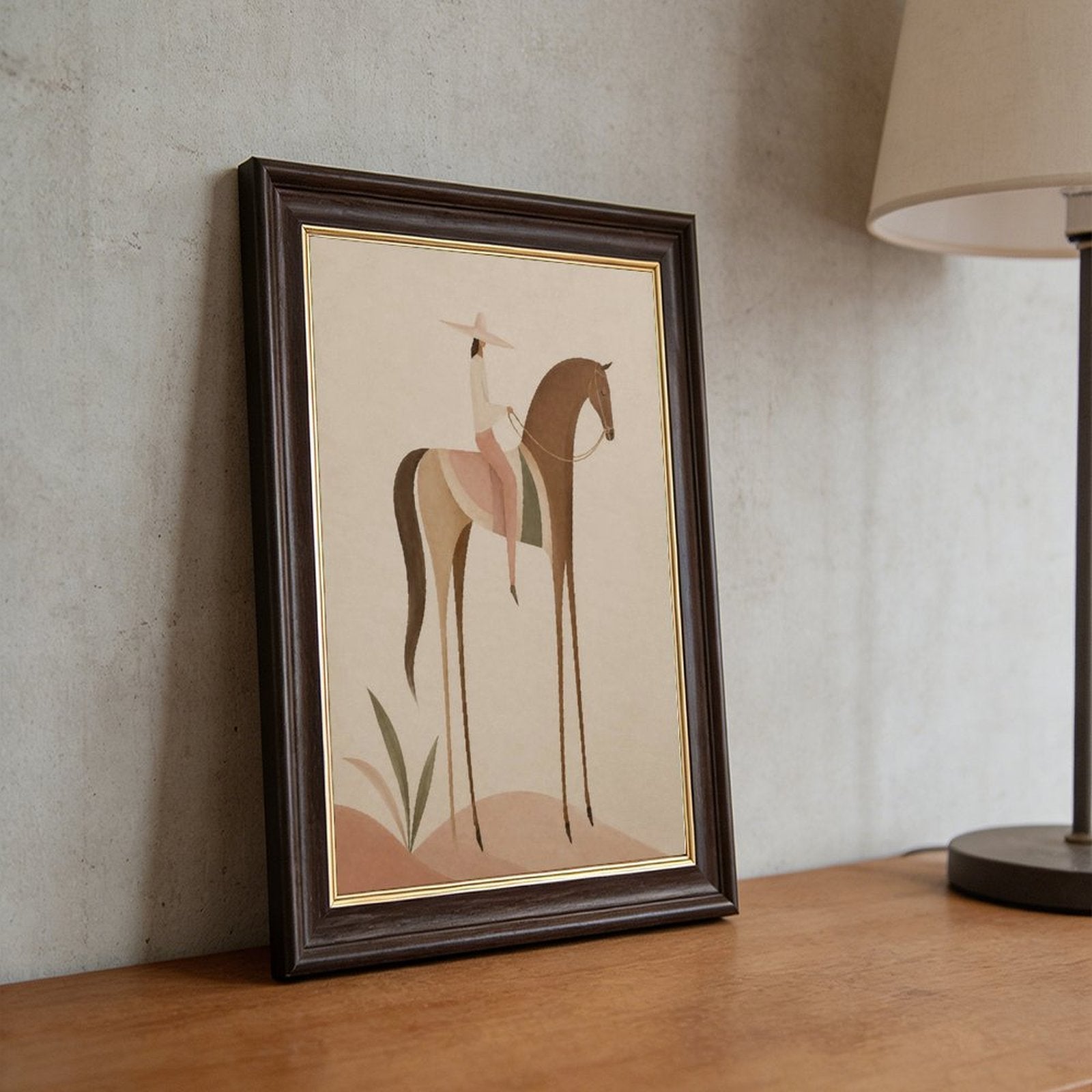Soft Blush Long Horse canvas wall art featuring a graceful long-limbed horse in soft blush pink, warm beige, muted cream tones, displayed in the Wood Grain Gold Frame style