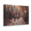 two sheet ghosts in an autumn village in whimsical halloween illustration style — Wrapped Canvas HERO