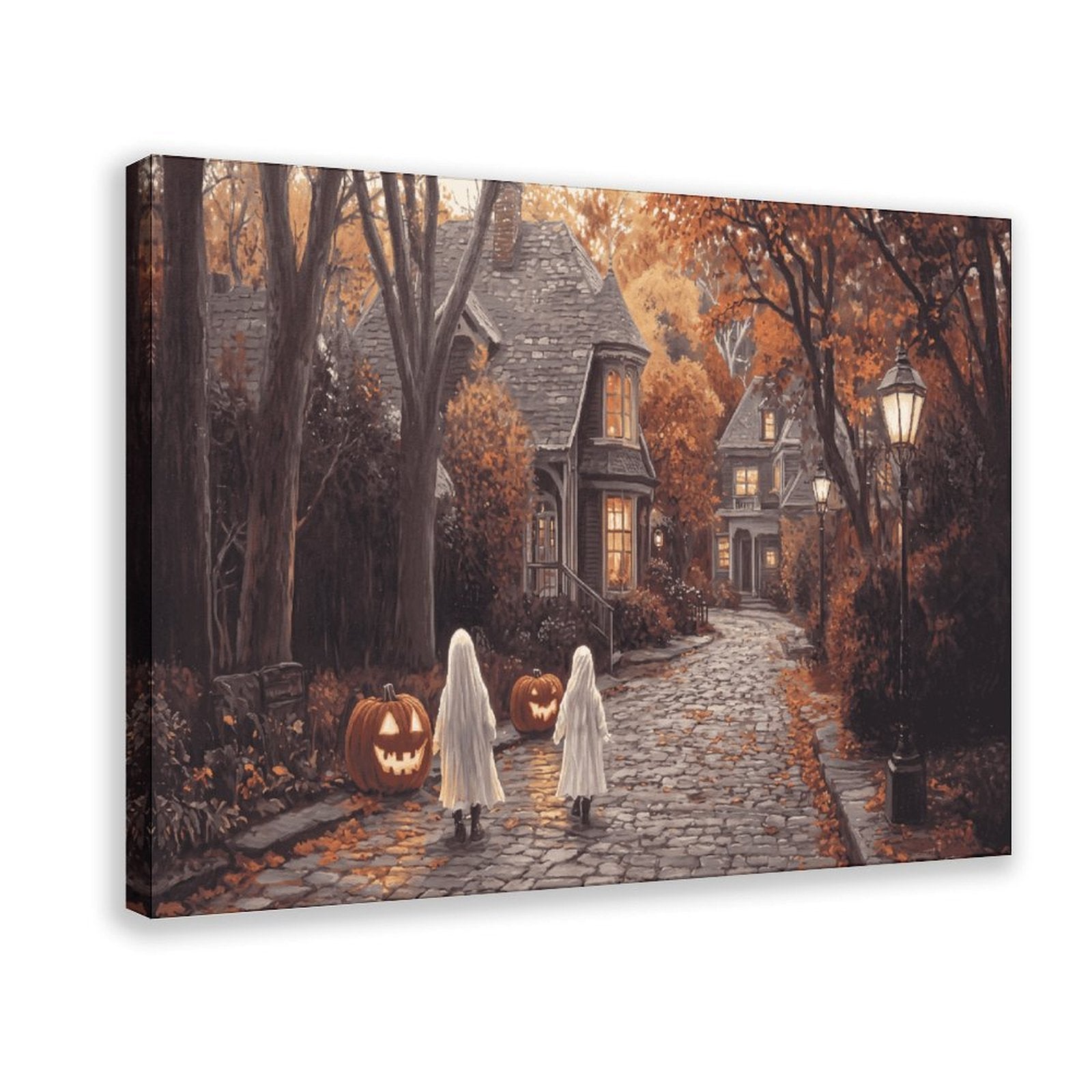 two sheet ghosts in an autumn village in whimsical halloween illustration style — Wrapped Canvas HERO