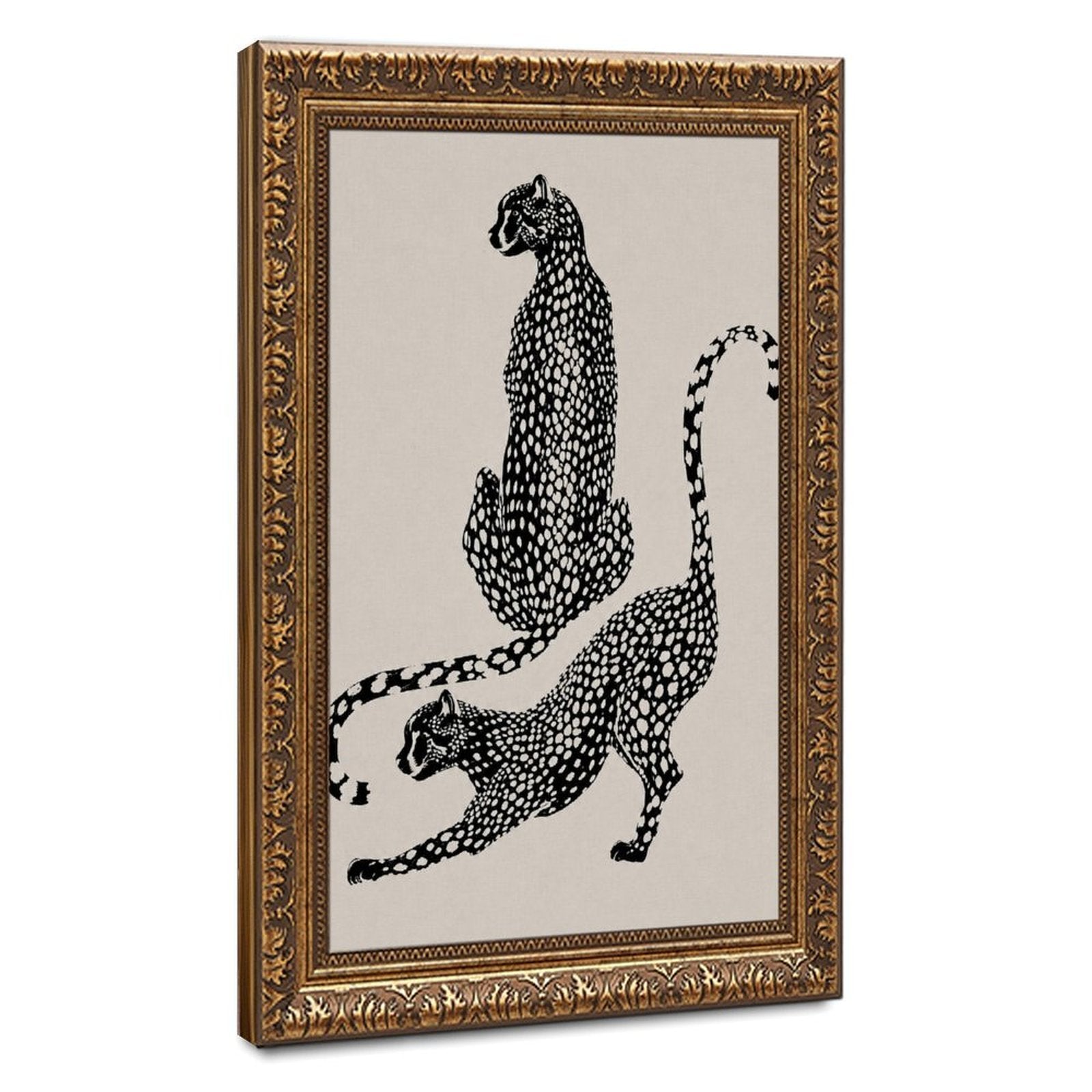 two spotted big cats in contrasting poses in black, warm cream tones — Vintage Gold Frame HERO
