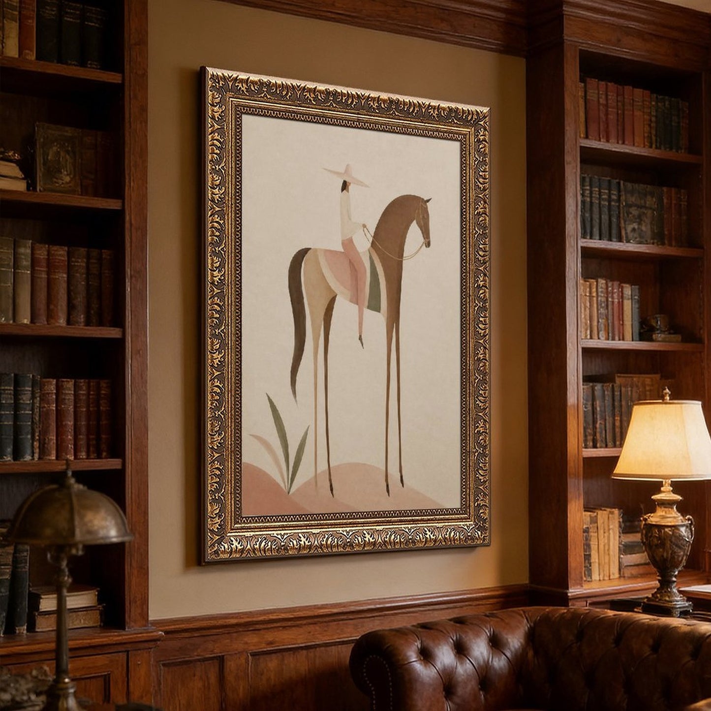 Soft Blush Long Horse canvas wall art featuring a graceful long-limbed horse in soft blush pink, warm beige, muted cream tones, displayed in the Vintage Pattern Gold Frame style
