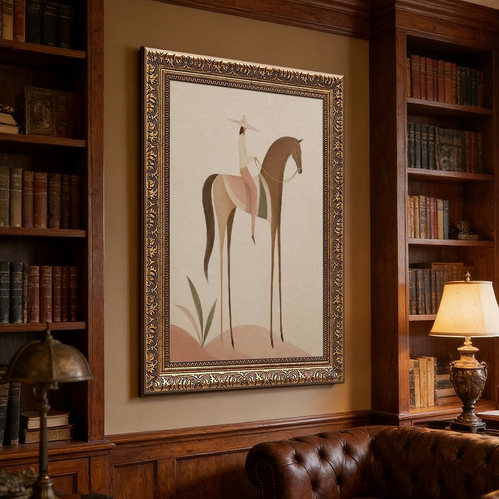 Soft Blush Long Horse canvas wall art featuring a graceful long-limbed horse in soft blush pink, warm beige, muted cream tones, displayed in the Vintage Pattern Gold Frame style