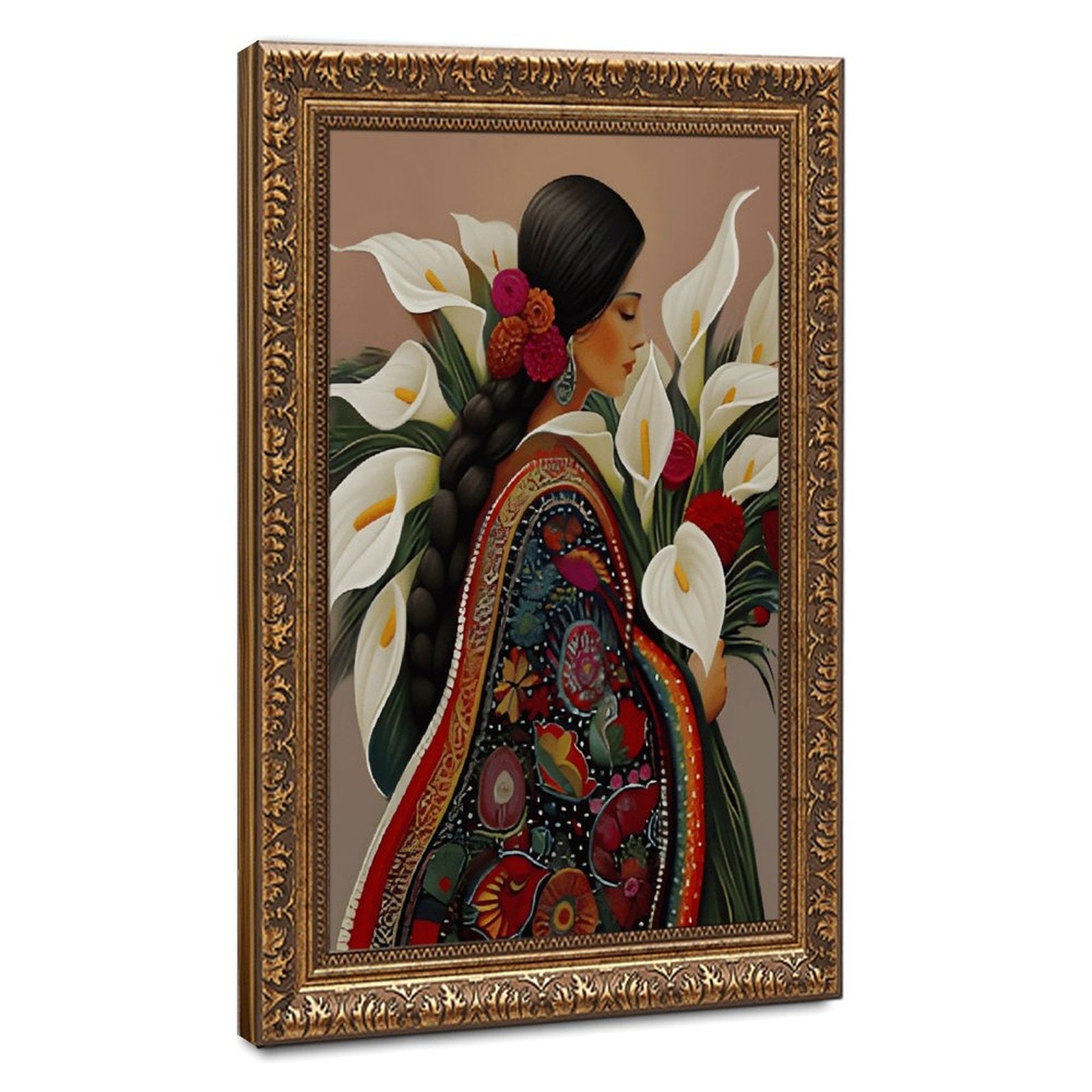 stylized woman surrounded by lilies and red flowers in decorative figurative art style — Vintage Gold Frame HERO