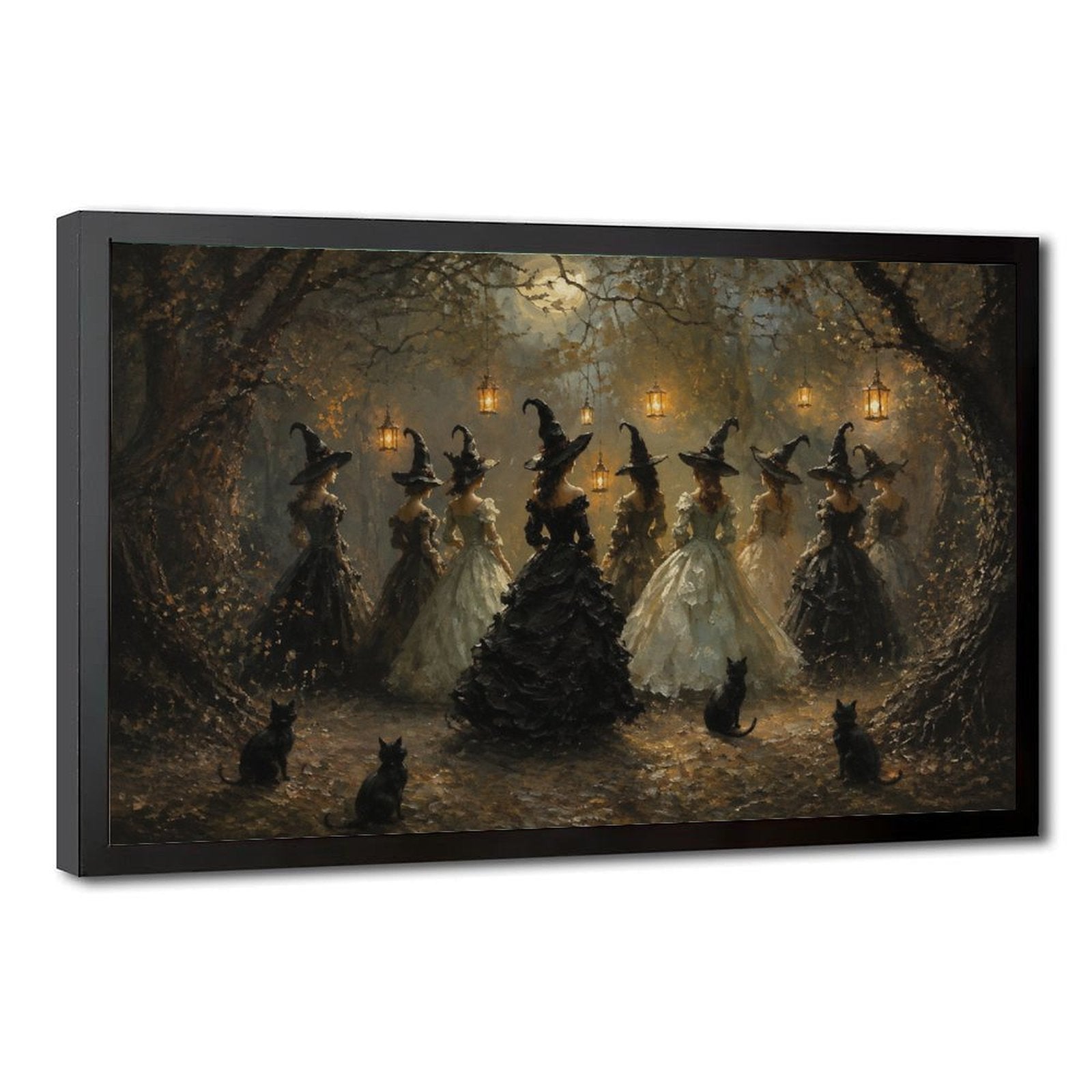group of witches dancing in a moonlit woodland gathering in black, cream, gold tones — Black Frame HERO