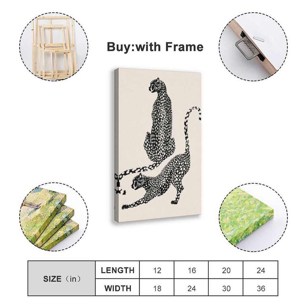 two spotted big cats in contrasting poses in black, warm cream tones — Wrapped Canvas SIZE_GUIDE