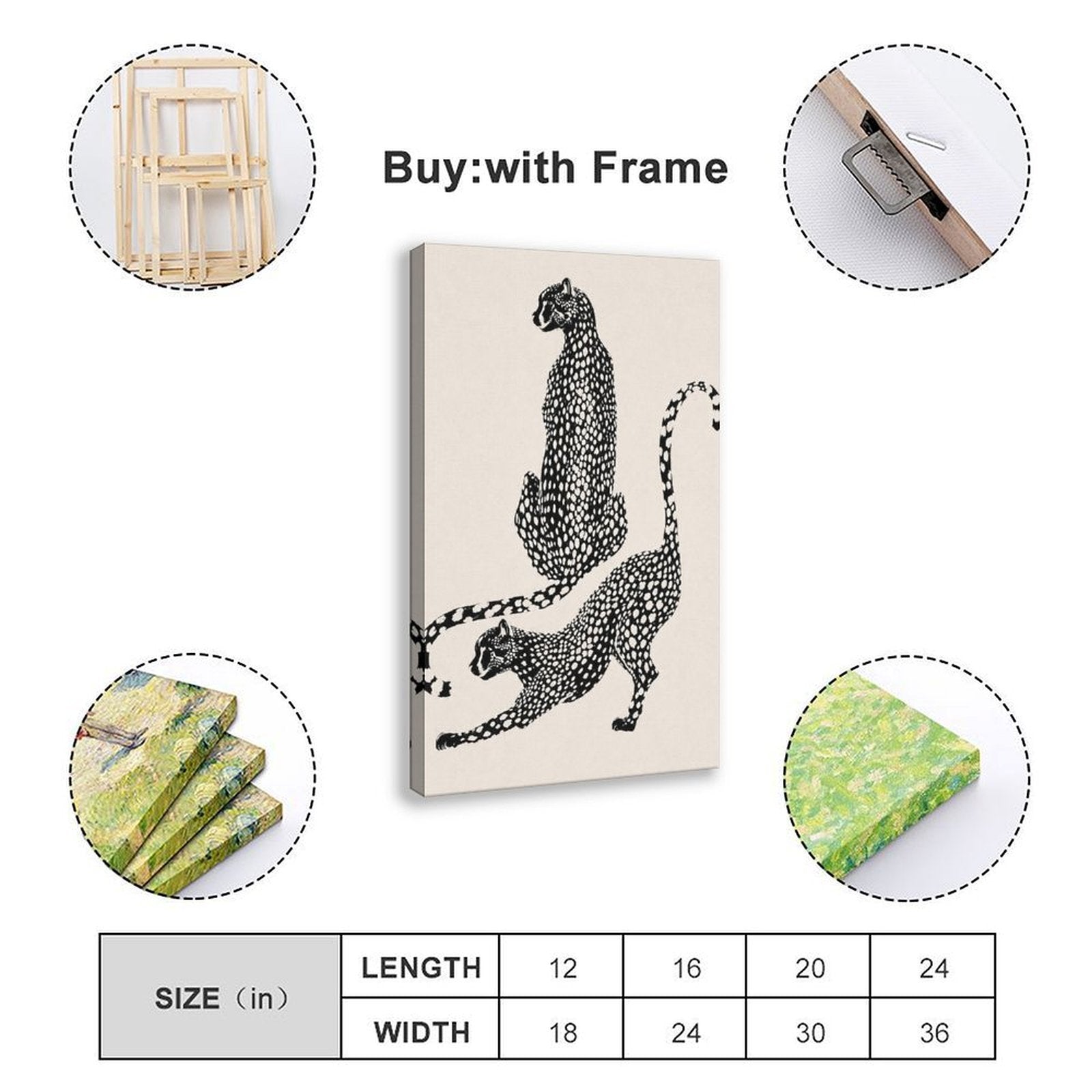 two spotted big cats in contrasting poses in black, warm cream tones — Wrapped Canvas SIZE_GUIDE