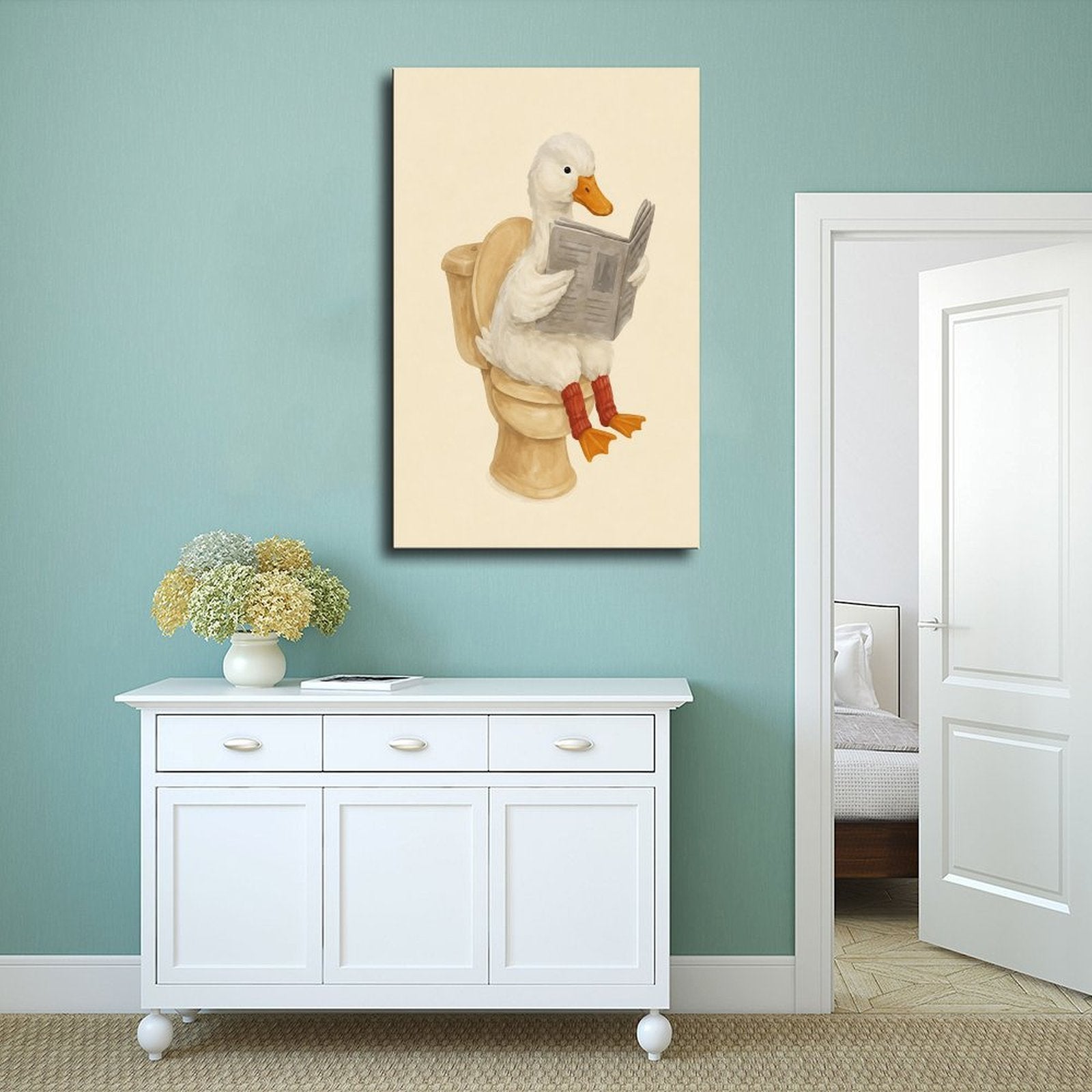 white duck sitting on a toilet reading a newspaper in cream, white, tan tones — Wrapped Canvas SCENE_02