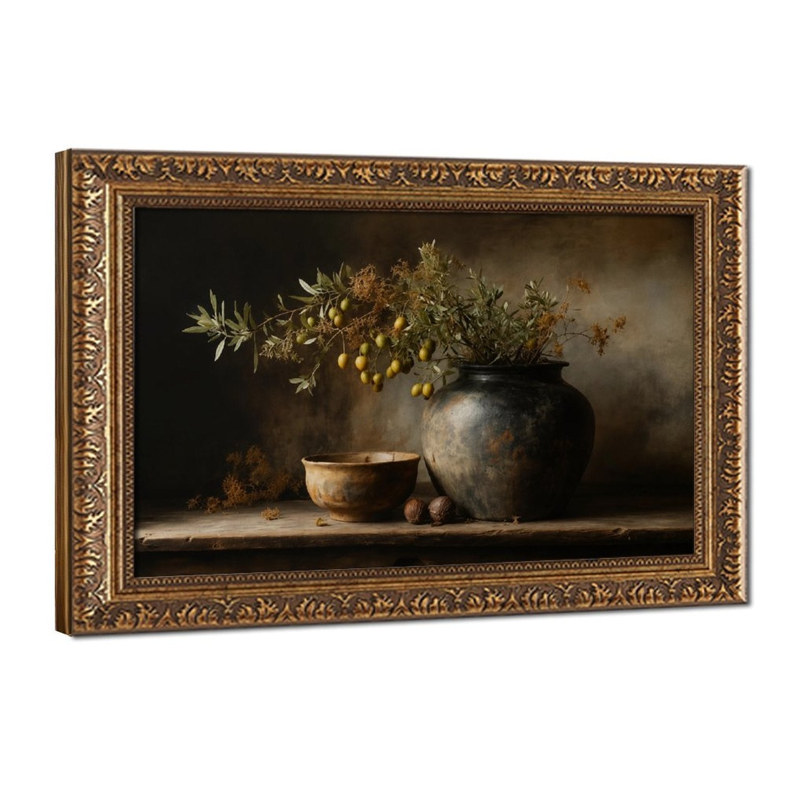 dark ceramic vessel with olive branches and fruit in charcoal, olive green, deep brown tones — Vintage Gold Frame HERO