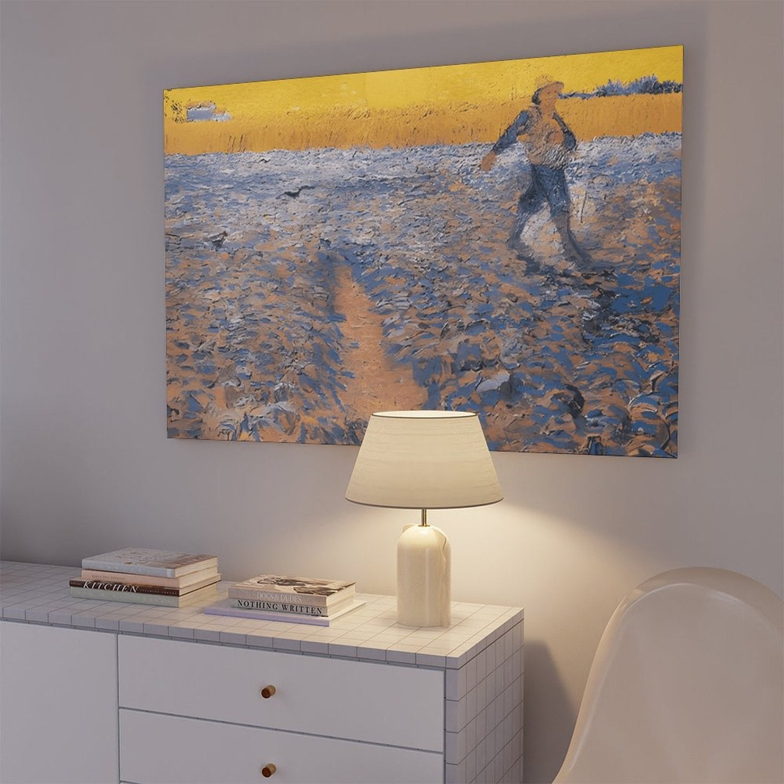 solitary person walking through a blue and gold field in expressive landscape painting style — Wrapped Canvas SCENE_05