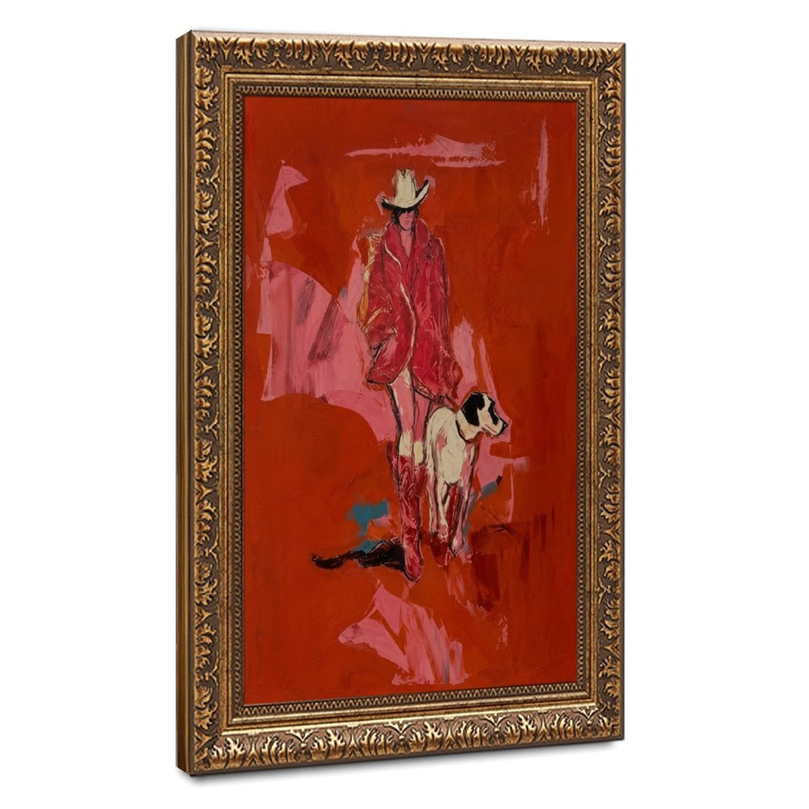 Expressive red cowboy walking beside a black-and-white hound on a painterly red background — Vintage Gold Frame HERO