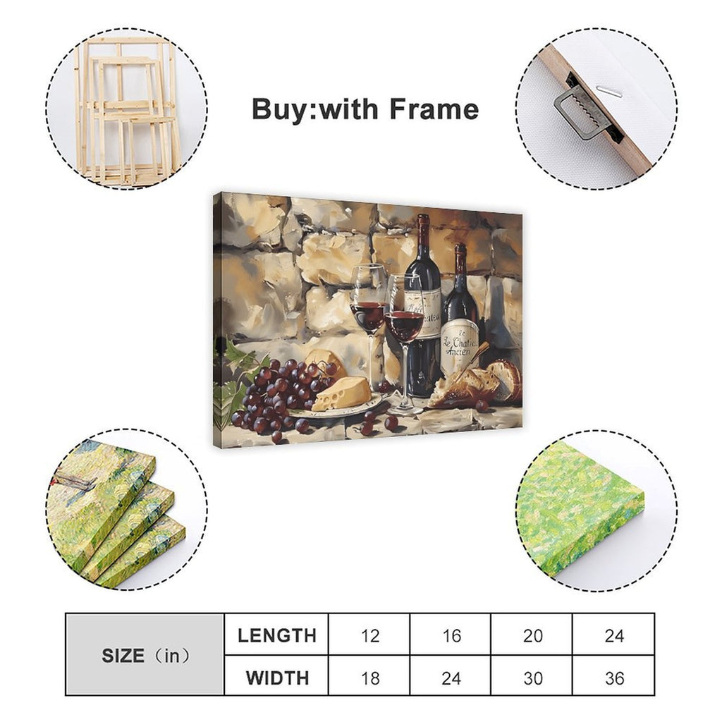 wine bottles, glasses, grapes, cheese, and bread in painterly still life style — Wrapped Canvas SIZE_GUIDE