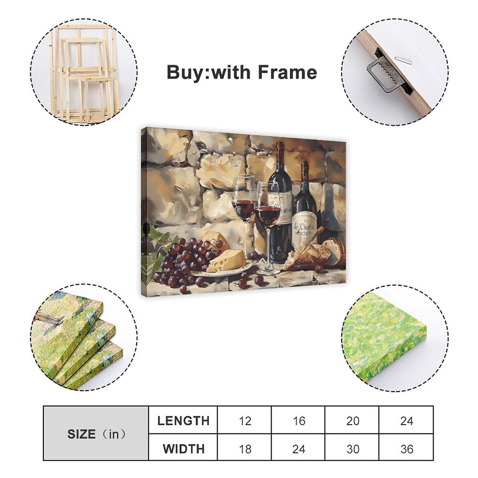 wine bottles, glasses, grapes, cheese, and bread in painterly still life style — Wrapped Canvas SIZE_GUIDE