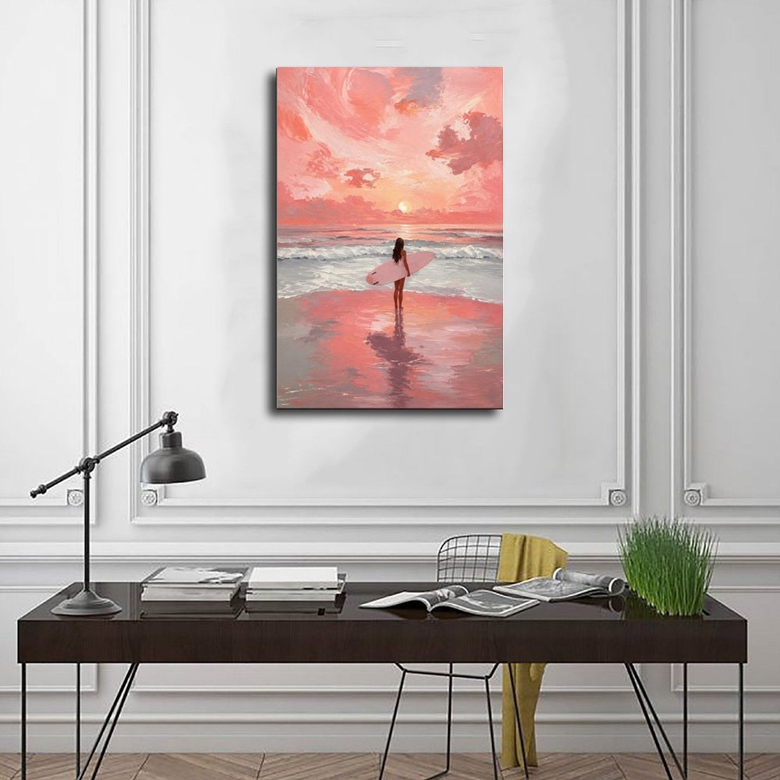 surfer carrying a pink surfboard at the shoreline in coral pink, peach, sky blue tones — Wrapped Canvas SCENE_01
