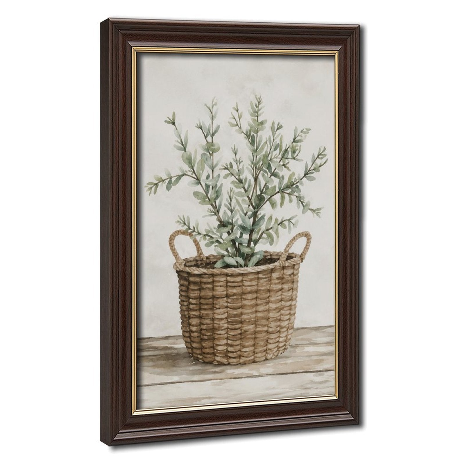 woven basket with silvery green leafy branches in sage green, warm beige, cream tones — Wood Grain Gold Frame HERO