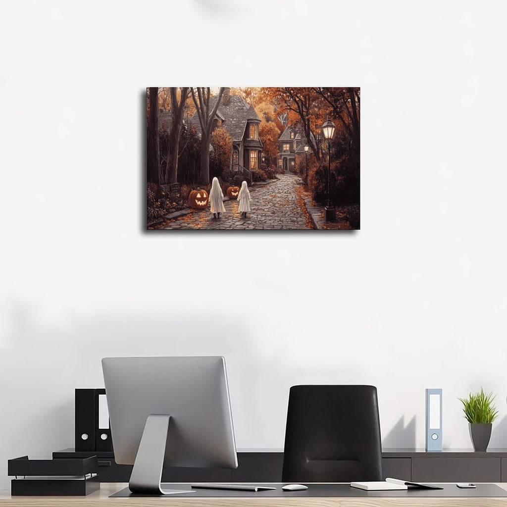 two sheet ghosts in an autumn village in whimsical halloween illustration style — Wrapped Canvas SCENE_01