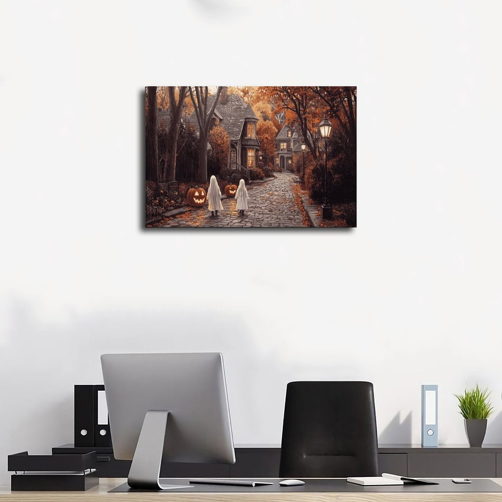 two sheet ghosts in an autumn village in whimsical halloween illustration style — Wrapped Canvas SCENE_01