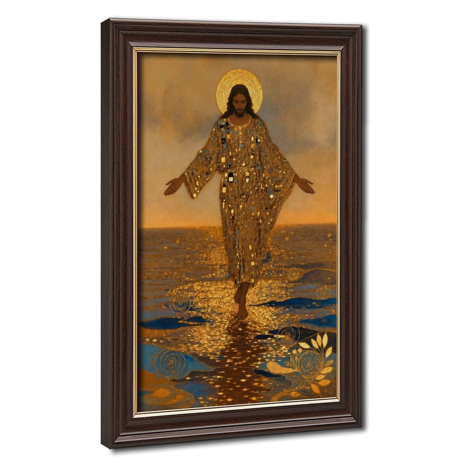 haloed sacred figure walking across reflective water in gold, deep blue, warm brown tones — Wood Grain Gold Frame HERO