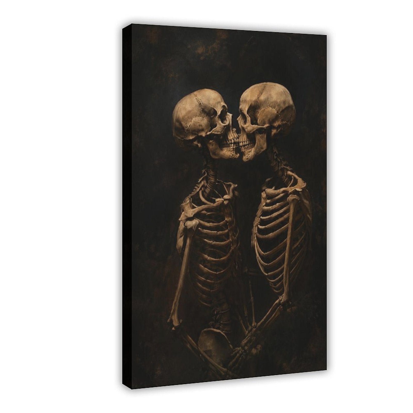 two skeletons leaning together in a kiss in black, bone beige, deep brown tones — Wrapped Canvas HERO