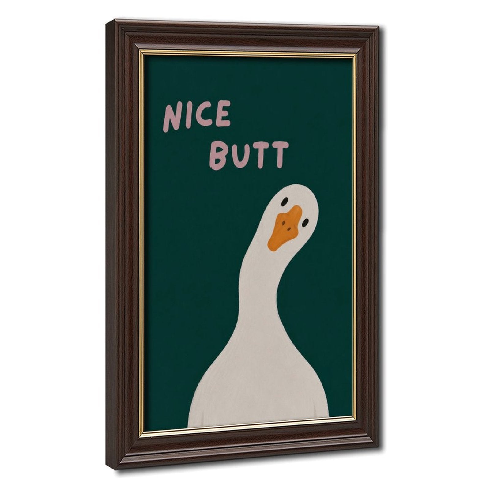 white goose beneath cheeky typography in deep teal, white, pink tones — Wood Grain Gold Frame HERO