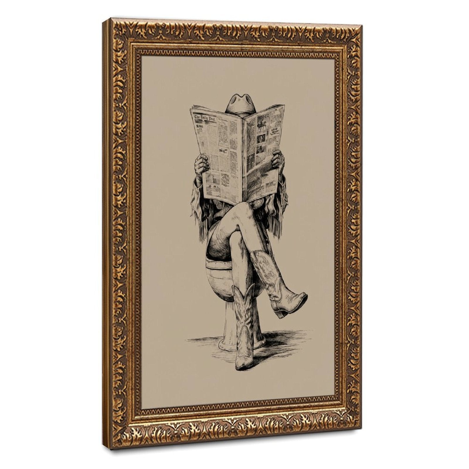 cowboy seated on a toilet reading a newspaper in black, warm cream tones — Vintage Gold Frame HERO