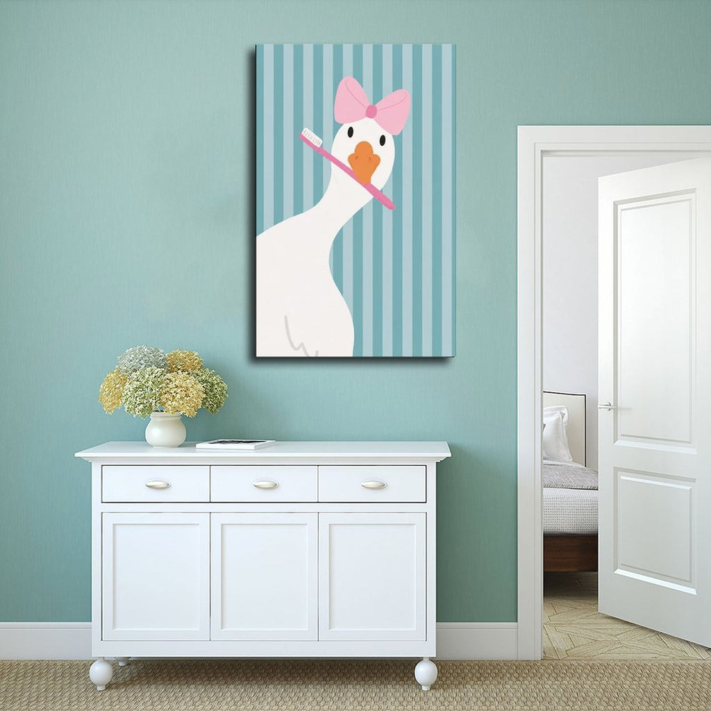 white duck with a pink bow holding a toothbrush in sky blue, white, pink tones — Wrapped Canvas SCENE_02