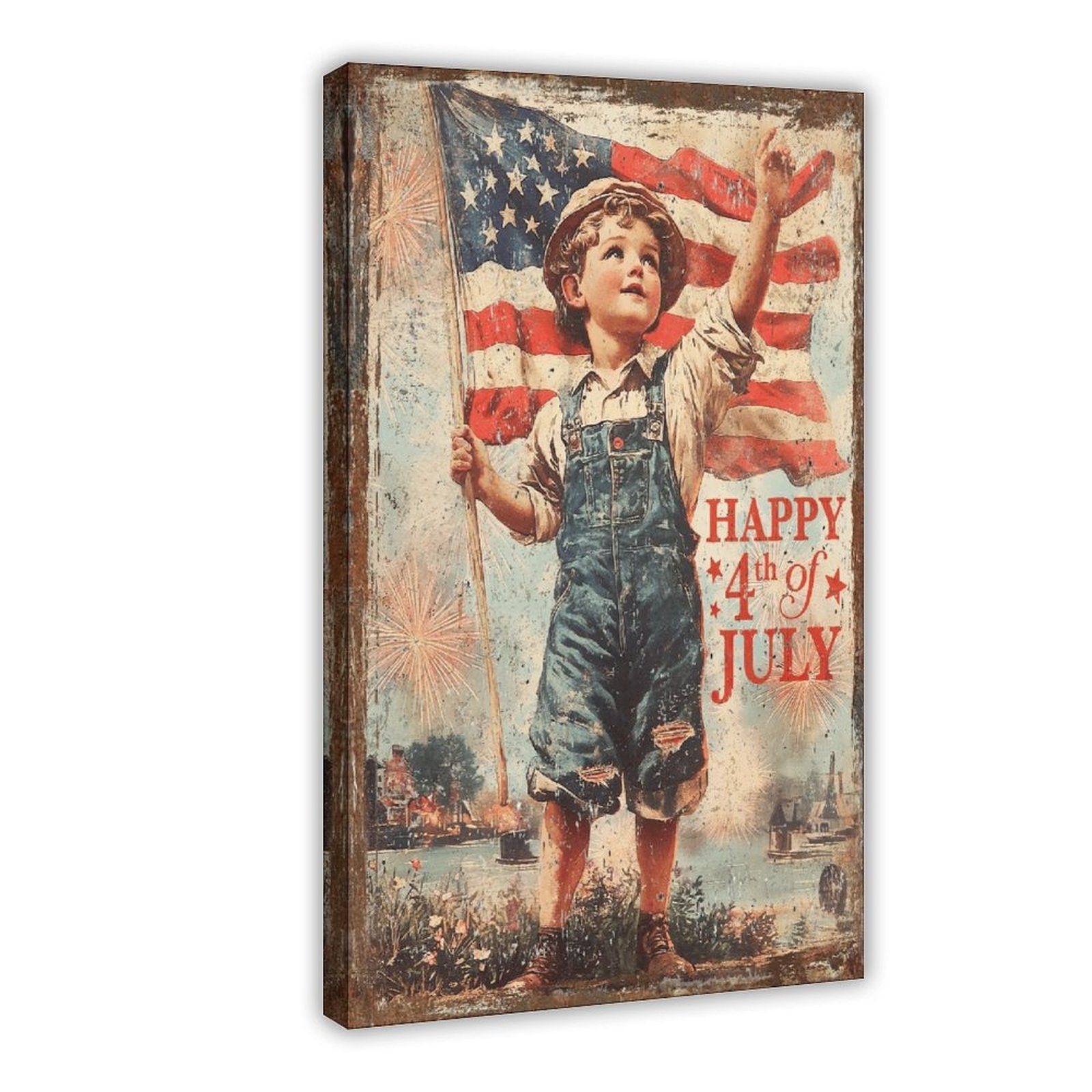 vintage patriotic boy holding an American flag in vintage illustration style — Wrapped Canvas HERO