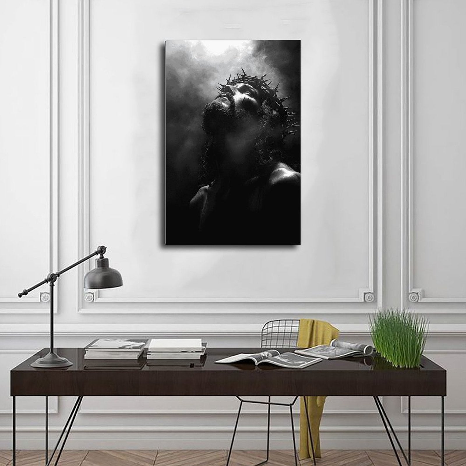 solemn man wearing a crown of thorns in prayer in religious portrait art style — Wrapped Canvas SCENE_01