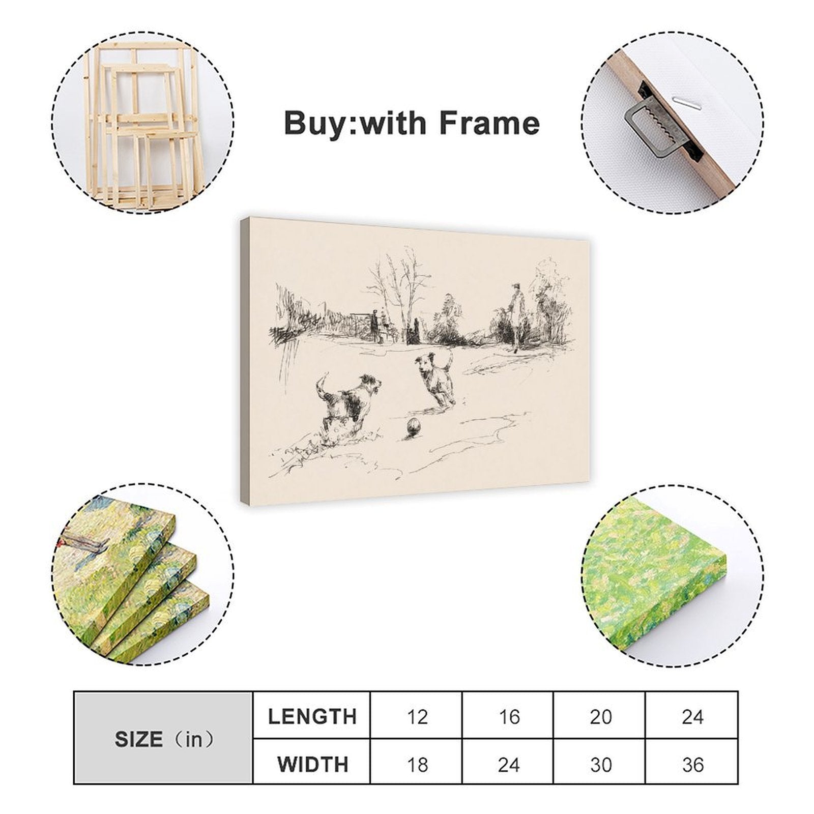 two dogs playing with a ball in black, warm cream tones — Wrapped Canvas SIZE_GUIDE
