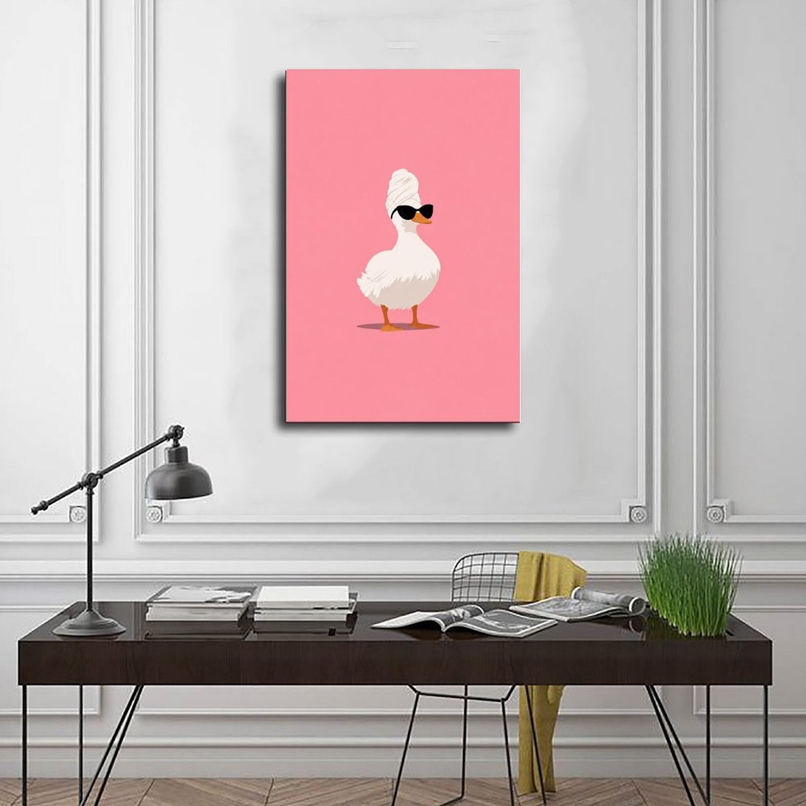 white duck wearing a towel turban and black sunglasses in pink, white, black tones — Wrapped Canvas SCENE_01