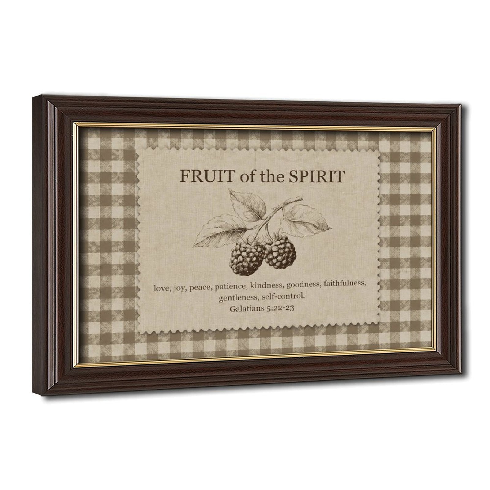 Fruit of the Spirit scripture typography with berry illustration in taupe, cream, brown tones — Wood Grain Gold Frame HERO