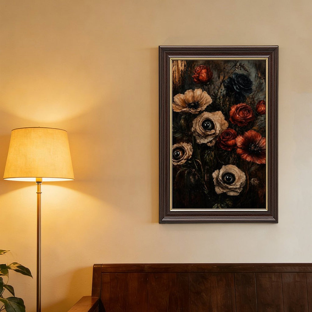 dark floral bouquet with realistic eyes in flower centers in black, deep red, taupe tones — Wood Grain Gold Frame SCENE_02