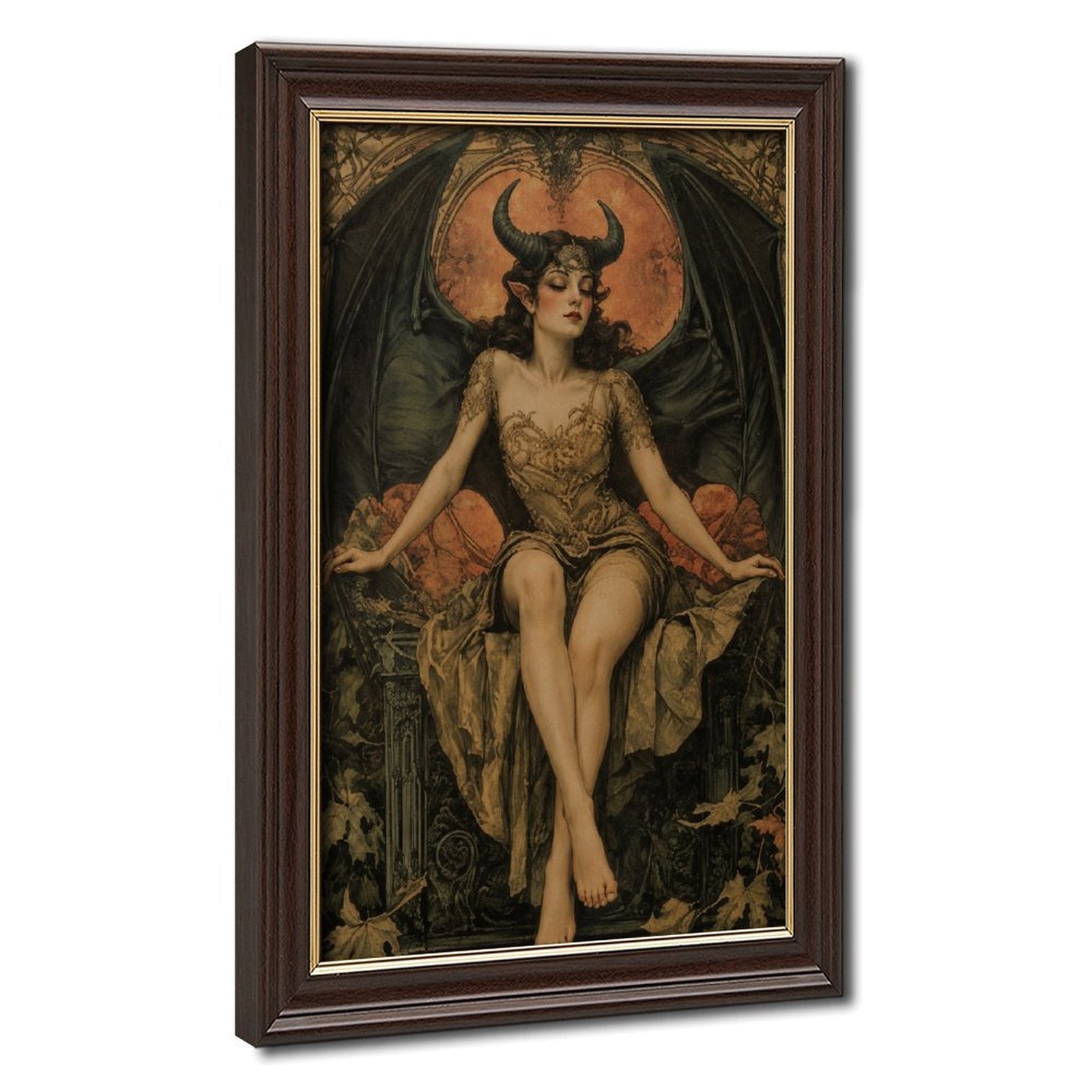 horned winged woman seated before a glowing moon in brown, black, burnt orange tones — Wood Grain Gold Frame HERO
