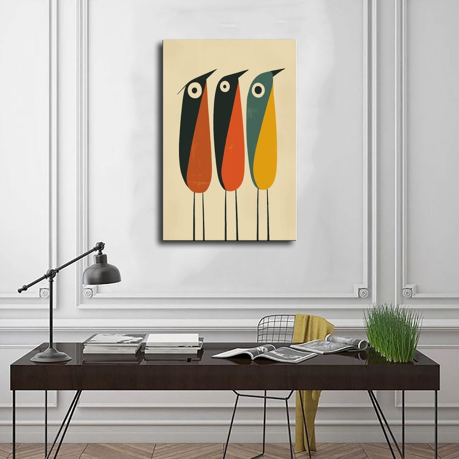 three stylized long-beaked birds in geometric illustration style — Wrapped Canvas SCENE_01