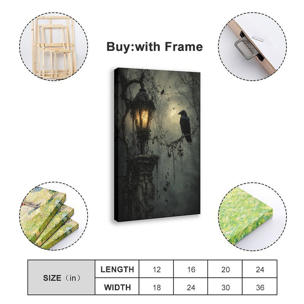 raven perched beside a glowing antique lantern in charcoal, black, amber tones — Wrapped Canvas SIZE_GUIDE