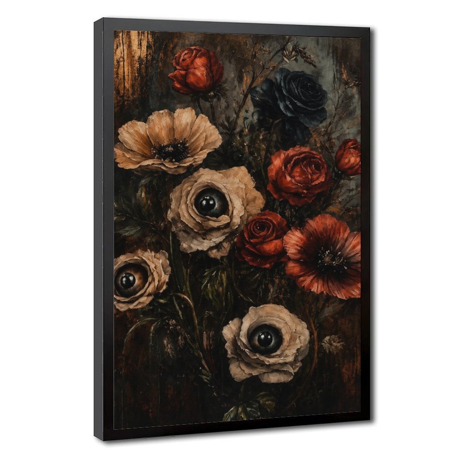 dark floral bouquet with realistic eyes in flower centers in black, deep red, taupe tones — Black Frame HERO