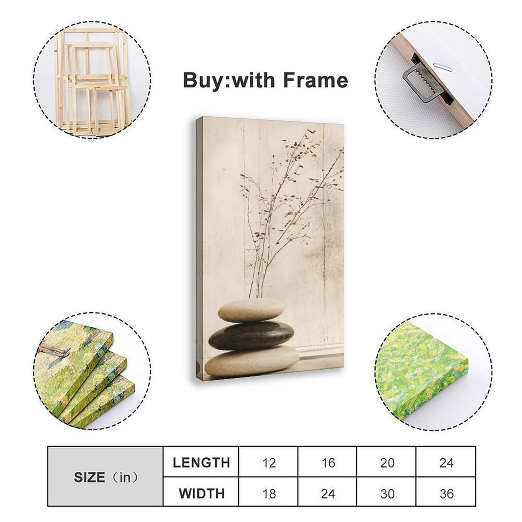 stacked smooth stones with a sparse dried branch in cream, taupe, charcoal tones — Wrapped Canvas SIZE_GUIDE