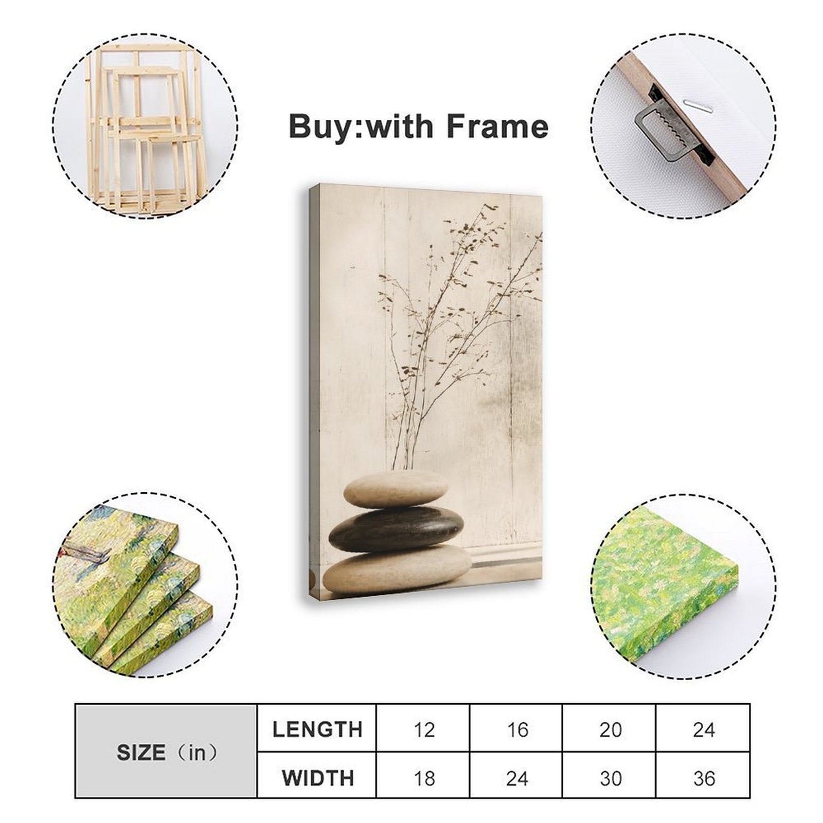 stacked smooth stones with a sparse dried branch in cream, taupe, charcoal tones — Wrapped Canvas SIZE_GUIDE
