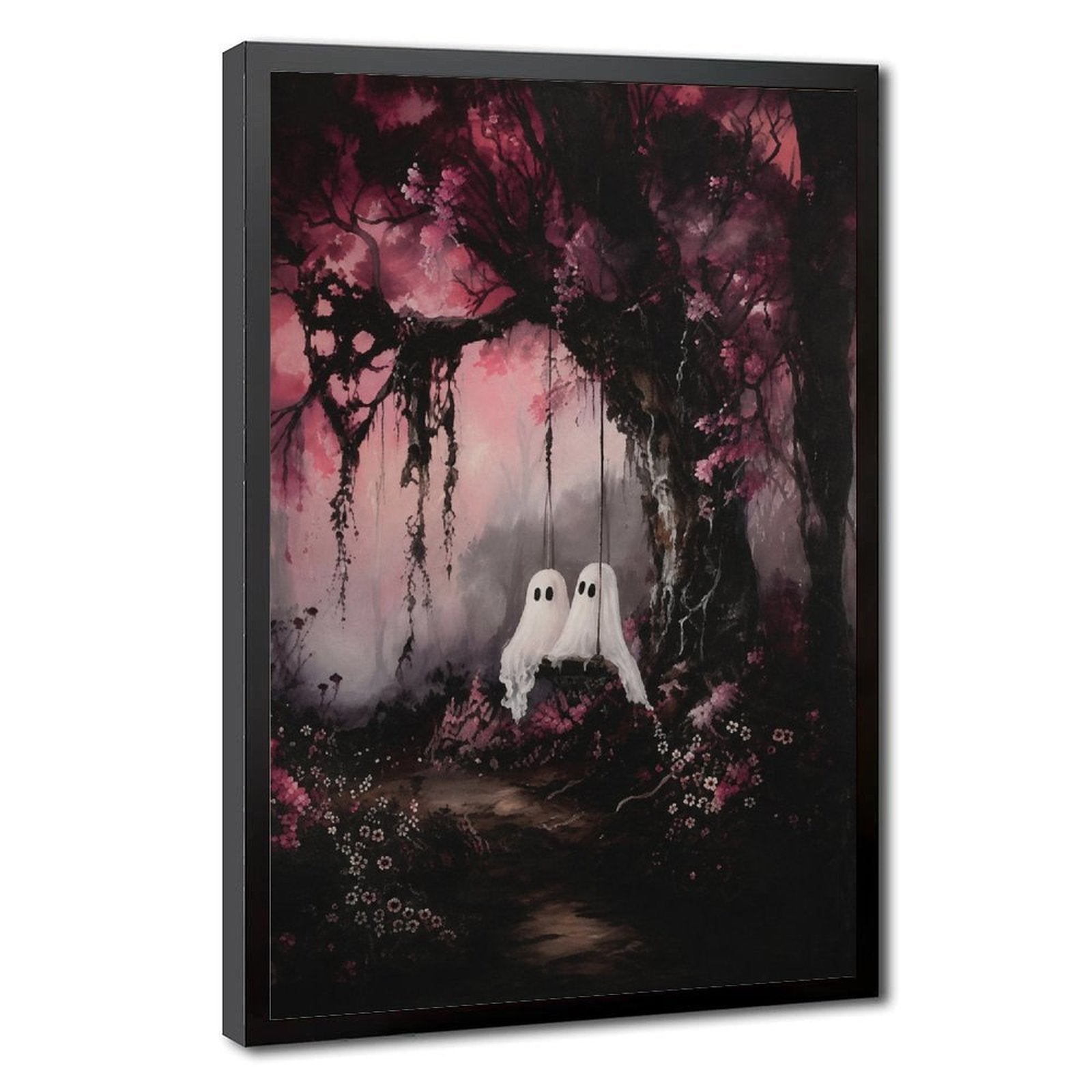 two small sheet ghosts in an enchanted pink forest in magenta, black, soft pink tones — Black Frame HERO