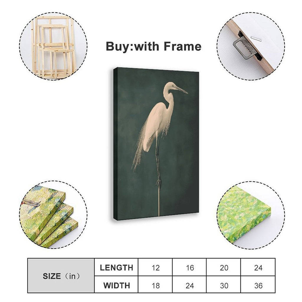 white heron standing against a deep green background in minimalist animal art style — Wrapped Canvas SIZE_GUIDE