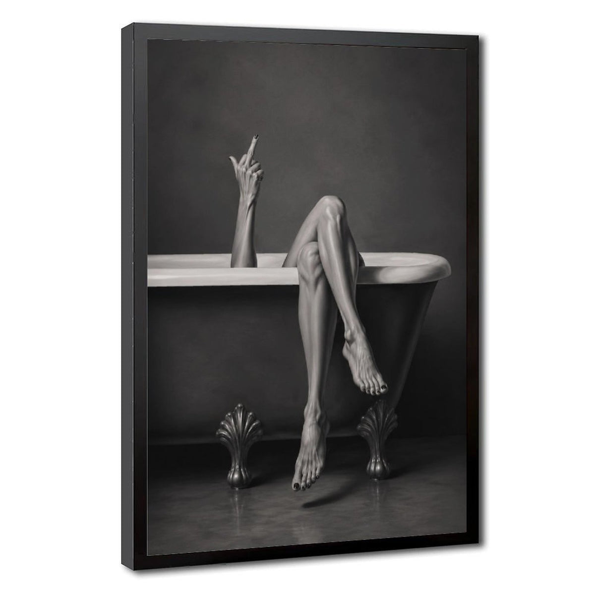 Black-and-white artwork of a clawfoot bathtub with crossed legs and a raised defiant hand gesture — Black Frame HERO