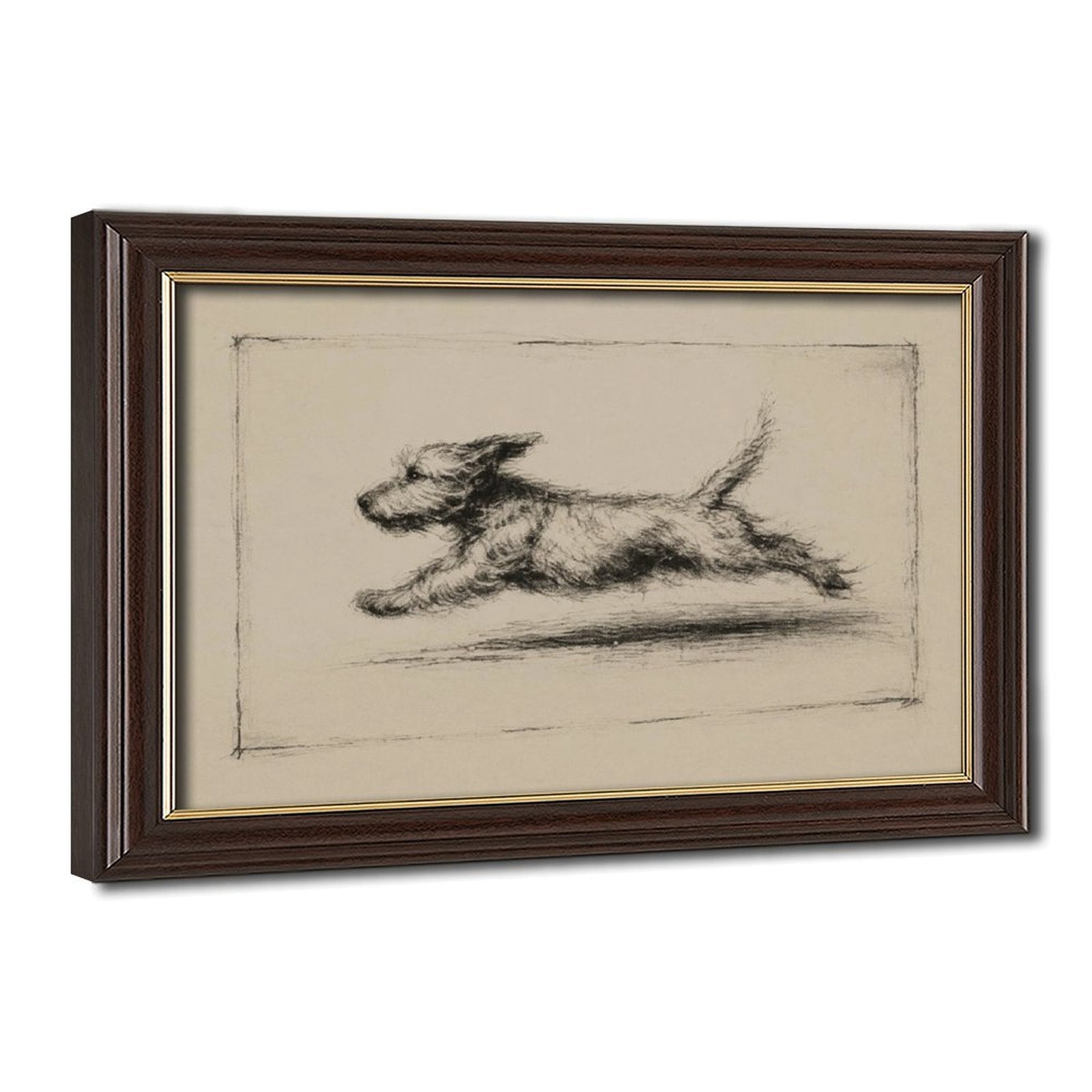 Charcoal sketch of a shaggy dog running across a warm cream background — Wood Grain Gold Frame HERO