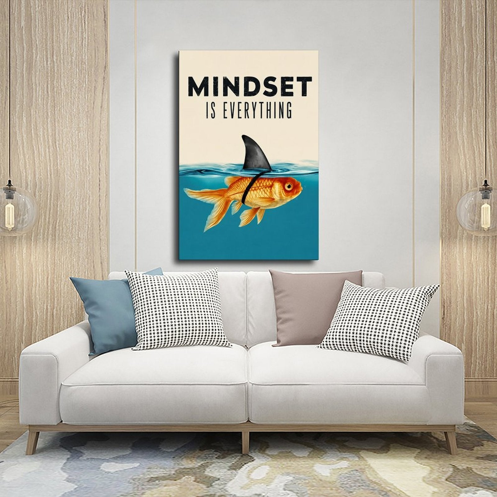 goldfish wearing a shark-fin disguise beneath motivational typography in teal blue, gold orange, cream tones — Wrapped Canvas SCENE_03
