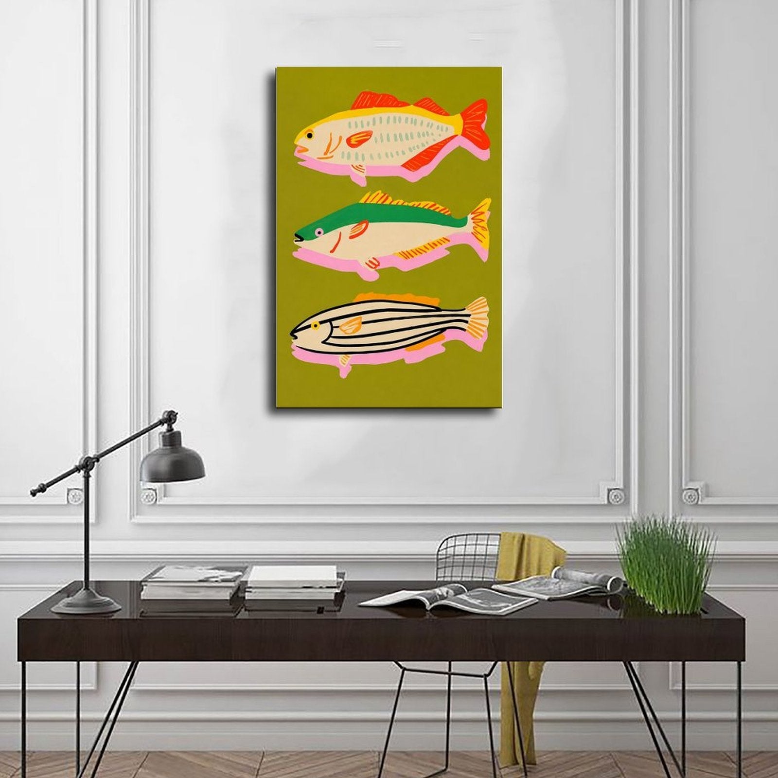 three colorful stylized fish arranged vertically in olive green, coral red, pink tones — Wrapped Canvas SCENE_01