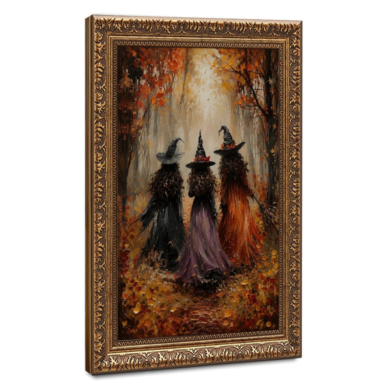 three witches walking through an autumn forest in orange, black, purple tones — Vintage Gold Frame HERO