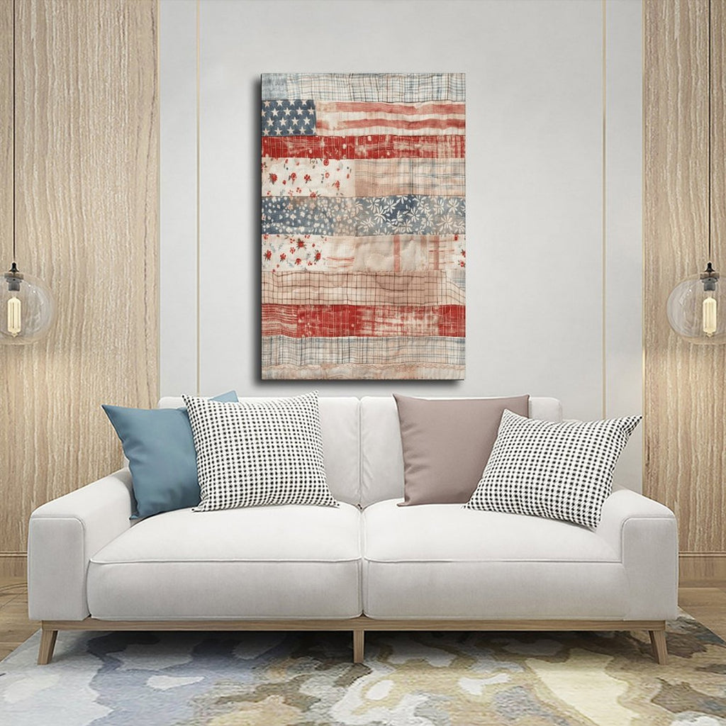 patchwork American flag in folk art style — Wrapped Canvas SCENE_03