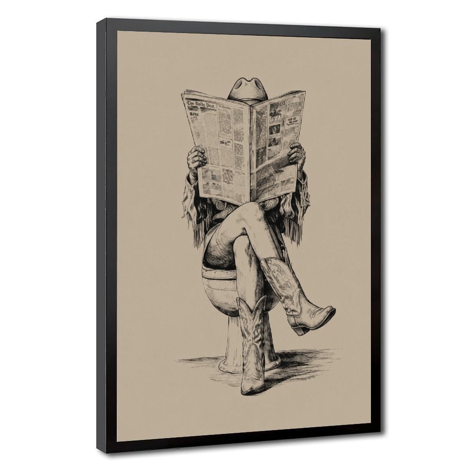 cowboy seated on a toilet reading a newspaper in black, warm cream tones — Black Frame HERO